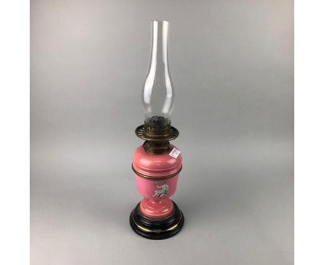 VICTORIAN OPAQUE GLASS OIL LAMP, decorated with classical scenes, opaque glass chimney, 45cm high