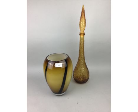 ART GLASS DECANTER AND STOPPER, 57.5cm high, along with other art glass including a vase (5)