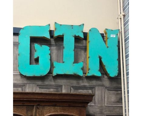 GIN - A MEXICAN INDUSTRIAL ART PUB SIGN, painted in aqua and yellow, in tin with steel support