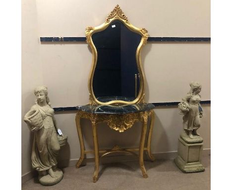 REPRODUCTION CONSOLE TABLE, with marble top, 94cm wide, along with a matching wall mirror (2)