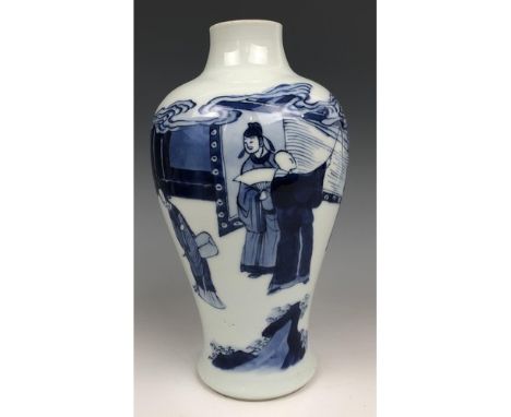 A Chinese blue and white vase, six character mark to base, 19 cm highcut at the neck, a couple of v minor chips to the foot r