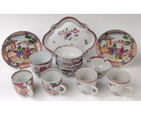 A group of assorted 19th century Chinese famille rose cups, tea bowls and saucerssome occasional damage throughout