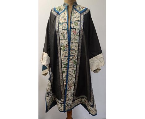 A vintage Chinese robe, collar and sleeves embroidered figures in a landscape