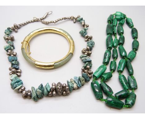 A malachite necklace, turquoise necklace and jade bracelet