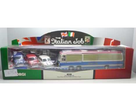 A Corgi 36502 The Italian Job three piece Mini set &amp; blue and white coach, boxed
