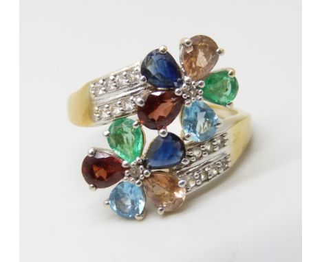 A silver gilt multi-gem set double cluster ring, R/S