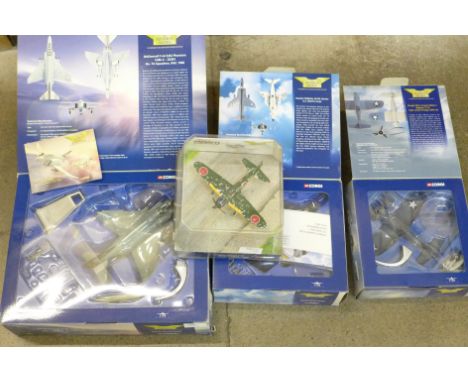 Four Corgi toys model aircraft, AA33202 McDonnell Phantom, AA3001 Vought Corsair, AA32403 Hawker Siddeley Harrier and Mitsubi