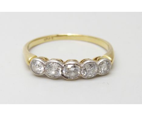 An 18ct gold five stone diamond ring, 2.4g, Q, 0.65ct diamond weight
