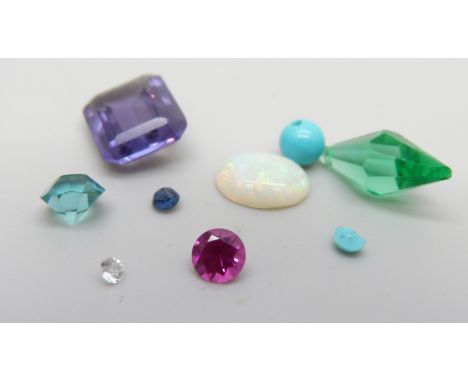 Unmounted gemstones, sapphire, aqua, turquoise, ruby, garnet, opal, topaz (7.95mm x 9.95mm, 3.85 ct), total weight 7.55 ct