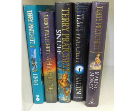 Five hardback first edition novels by Terry Pratchett, Jing, 1977, A Hat Full of Sky, 2004, Making Money, 2007, Nation, 2008 
