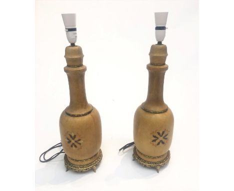 A pair of turned wood and gilt metal table lamps with shades. (Dimensions: Lamp bases 46cm (excluding height of fittings).)(L