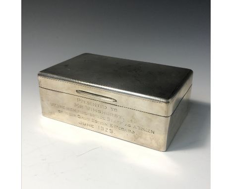 An engine turned solver cigarette box, presented Wimshurst 1929