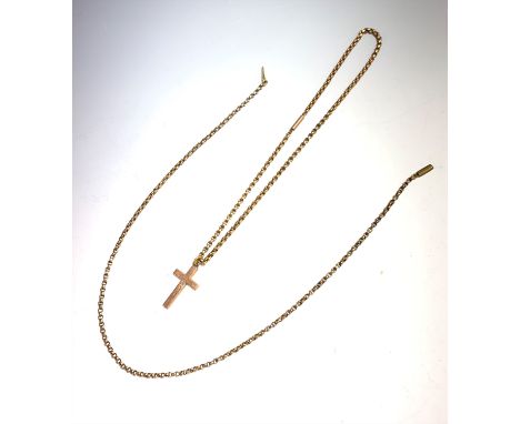A 9ct gold engraved cross on gold chain. Together with one other gold chain, base metal fastener. 17gm.