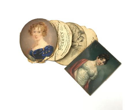 A fine portrait miniature of a young lady in fashionable blue dress, her hair in ringlets, together with one other Regency mi