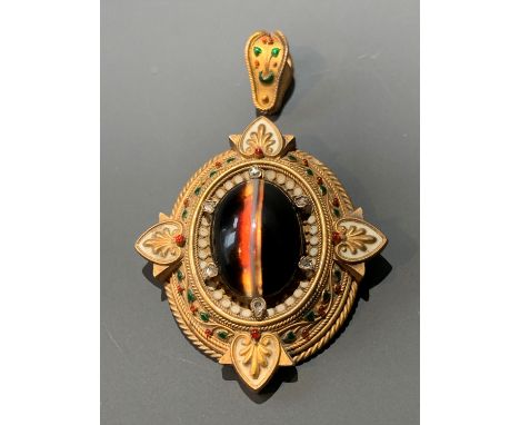 A good Revivalist brooch in the manner of Giuliano, a central banded agate within six diamonds and classical band with enamel