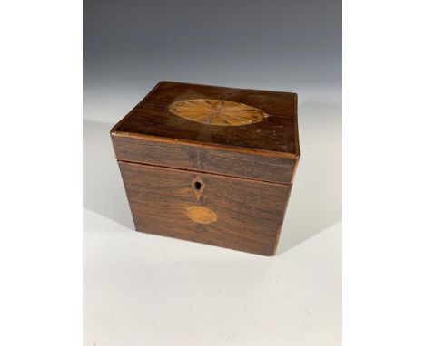 A George III mahogany tea caddy, with oval inlaid patera panels, the cover opening to reveal two lidded sections. (Dimensions