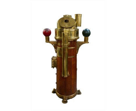 A brass and teak ship's binnacle compass, circa 1900, with domed cover and painted compensated spheres, Pat 190. Complete wit