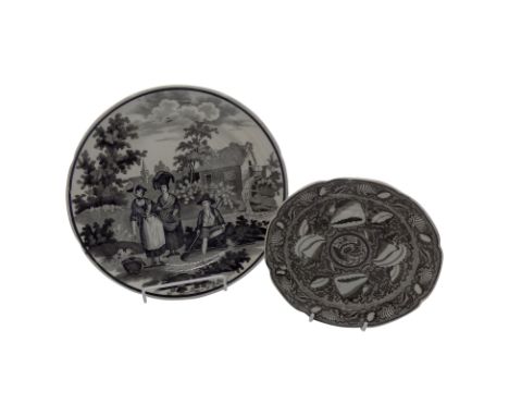 A Cambrian Pottery Swansea dinner plate, circa 1820, transfer printed in black with the 'Women with Baskets' pattern, along w