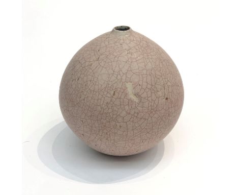 A David Leach studio pottery spherical vase, the pink tinted ground with overall crackle glaze, faint indistinct impressed ma