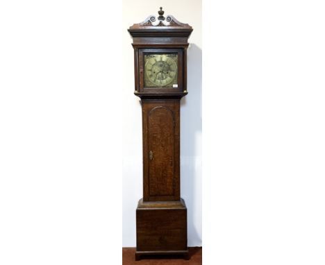 A George III oak 30 hour longcase clock, with a square brass dial inscribed 'Swiftly the Hours Hasten away'. (Dimensions: Hei