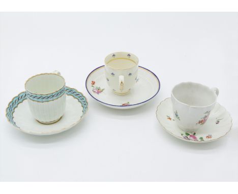 A Worcester cup and saucer, a Chelsea Derby gold mark saucer and Chelsea Derby cup, an early Derby saucer, a Caughley coffee 