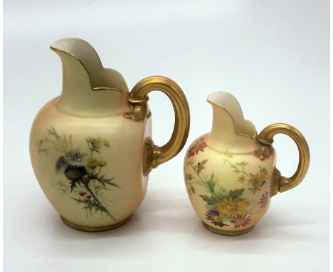 Two Royal Worcester blush ivory jugs, both pattern no. 1094, the largest painted with berries and thistles, dated 1906, the s