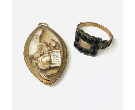 A George III mourning gold pendant of elliptical form, to the front a grisaille painted memorial, the back with plaited hair 