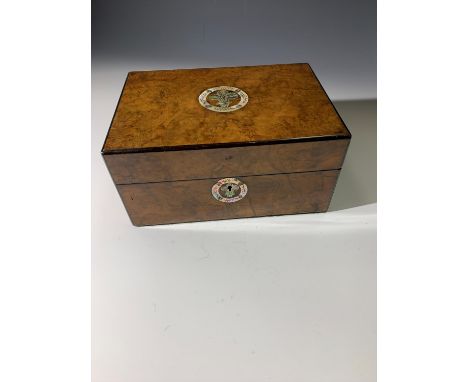 A burr walnut work box, with mother of pearl inlaid Prince of Wales feathers motif and fitted interior. (Dimensions: Height 1