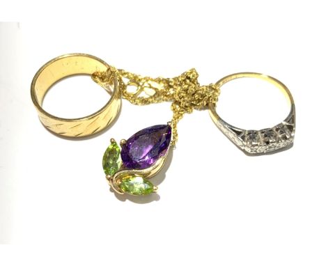 A contemporary 18ct. gold band 4.9gms, an 18ct ring set small diamonds and a 9ct. pendant and chain.