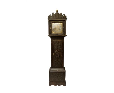 A Victorian carved oak 30 hour longcase clock, the square brass dial signed 'W. Coulton, York' with silvered chapter ring. (D