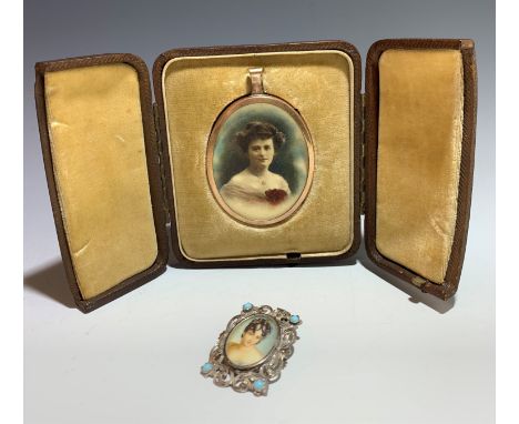 A tooled gilt leather miniature case containing a miniature portrait of a lady together with a miniature in silver torquois-s