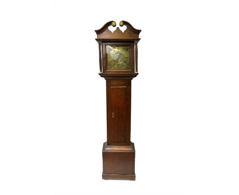 An 18th century oak longcase clock, the square brass dial bird cage action movement. (Dimensions: Height 195cm, width 46cm.)(