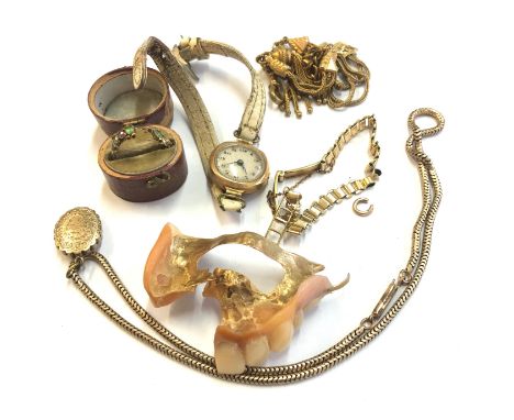 A Victorian gilt fob watch chain, a gold cased ladies wristwatch, dental gold etc.