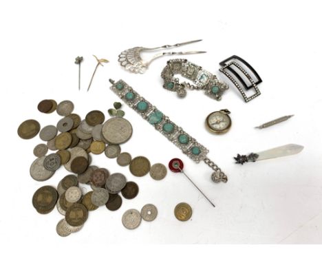 Swiss coins including silver, stick pins bracelets, a silver mounted bookmark, etc.