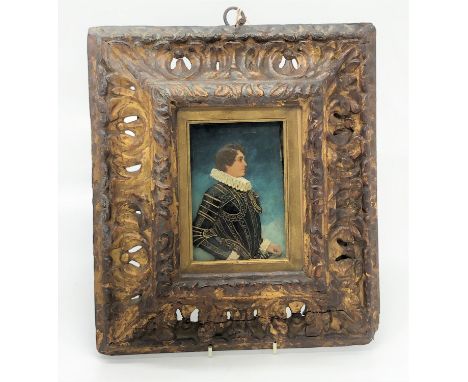 A late 19th/early 20th century cast wax profile portrait of a gentleman in Renaissance costume, in glazed gilded Florentine d
