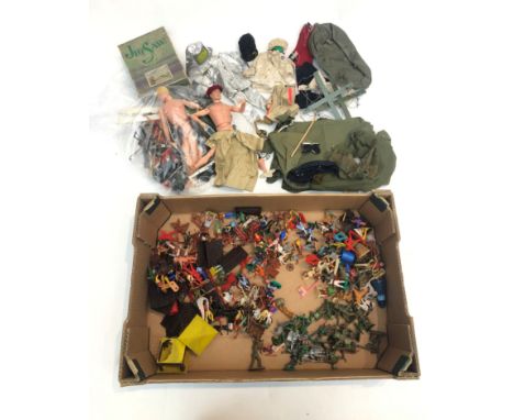 A large quantity of vintage soldiers, together with action men and accessories, together with a Chad Valley aviation jigsaw.