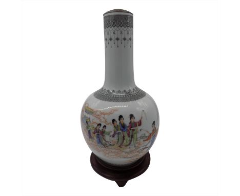 A Chinese Republic Period porcelain vase, decorated with female figures amongst clouds, calligraphy and red seal marks to rev