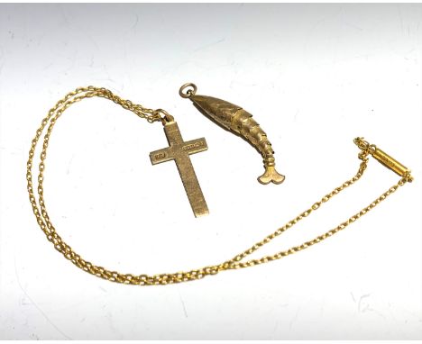 An articulated gold fish and a plain 9ct gold cross on chain.