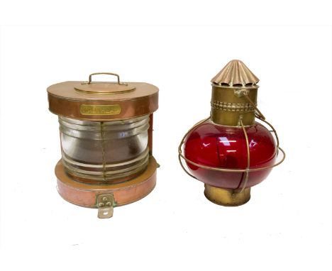 A copper masthead lamp, by Griffiths &amp; Sons, Birmingham, No3237, height 33cm, together with a red glass ship's style lamp