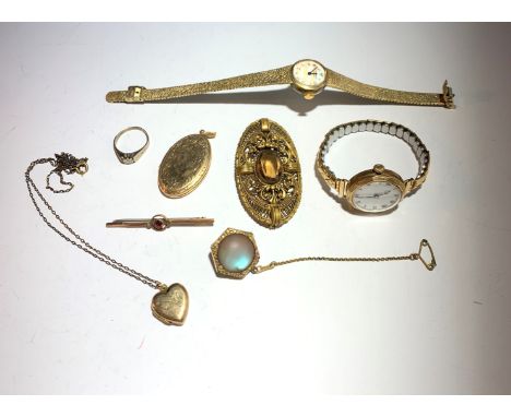 A 9ct ring, a gold cased ladies watch, gold locket etc.