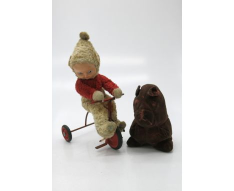 Vintage doll with tricycle and a toy Bongo dog (2). (Dimensions: Height 31cm and 19cm respectively.)(Height 31cm and 19cm res