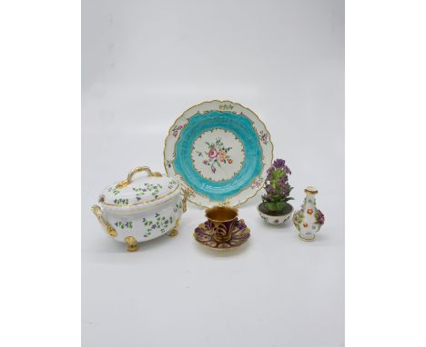 A Spode teacup and saucer with butterfly handle, a Chelsea Derby plate, a Derby sauce tureen with cover, a floral encrusted s