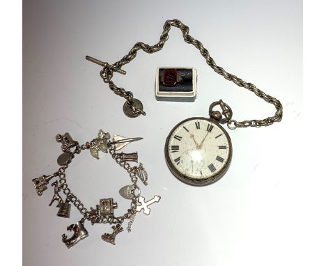 A silver cased key wind pocket watch and silver chain, together with a silver chain and a ring.