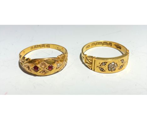 A pretty late Victorian 15 ct gold ring set with tiny diamonds. Together with one other gold ring.