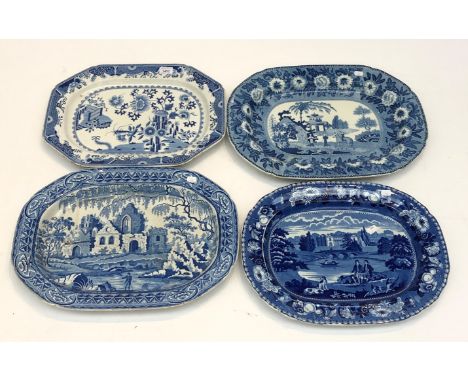 A Spode 'Grasshopper' pattern blue and white meat dish, circa 1813, 37cm x 48.5cm, together with a Davenport 'Fisherman Serie