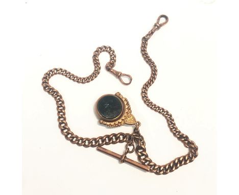 A 9ct. gold curb link double albert watch chain with swivel fob. 39gm