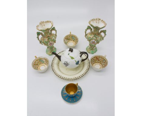 Pair English porcelain vases, circa 1820, with floral decoration, height 20.5cm, Royal Worcester cabinet cup and saucer, Derb