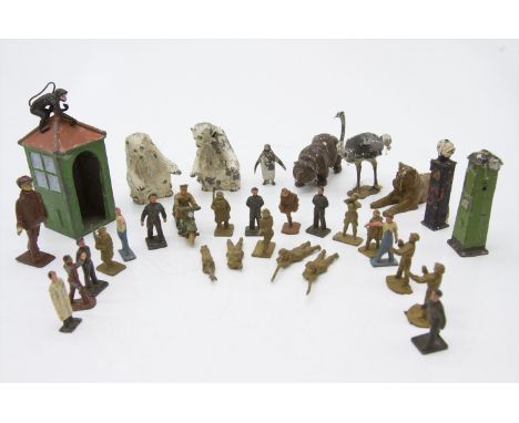 Lead - quantity of small scale lead army figures including Dinky motorcycle plus zoo animals and petrol pumps.