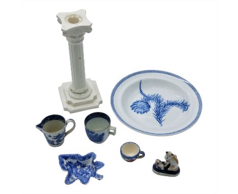 A Wedgwood Botanical bowl, circa 1820, a creamware Corinthian column candlestick, a Spode pickle dish, a small blue and white