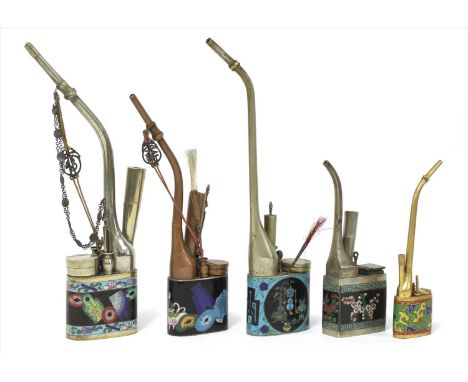 A collection of five Chinese cloisonné water pipes,20th century, decorated with precious objects or flowers, 18 to 31cm long 